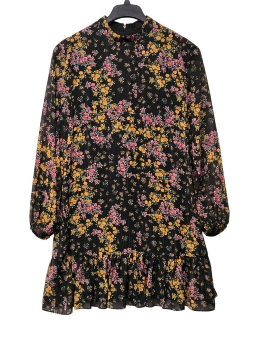 BCBG Paris Womens Size Large Black Floral Print Split Sleeve Babydoll Dress